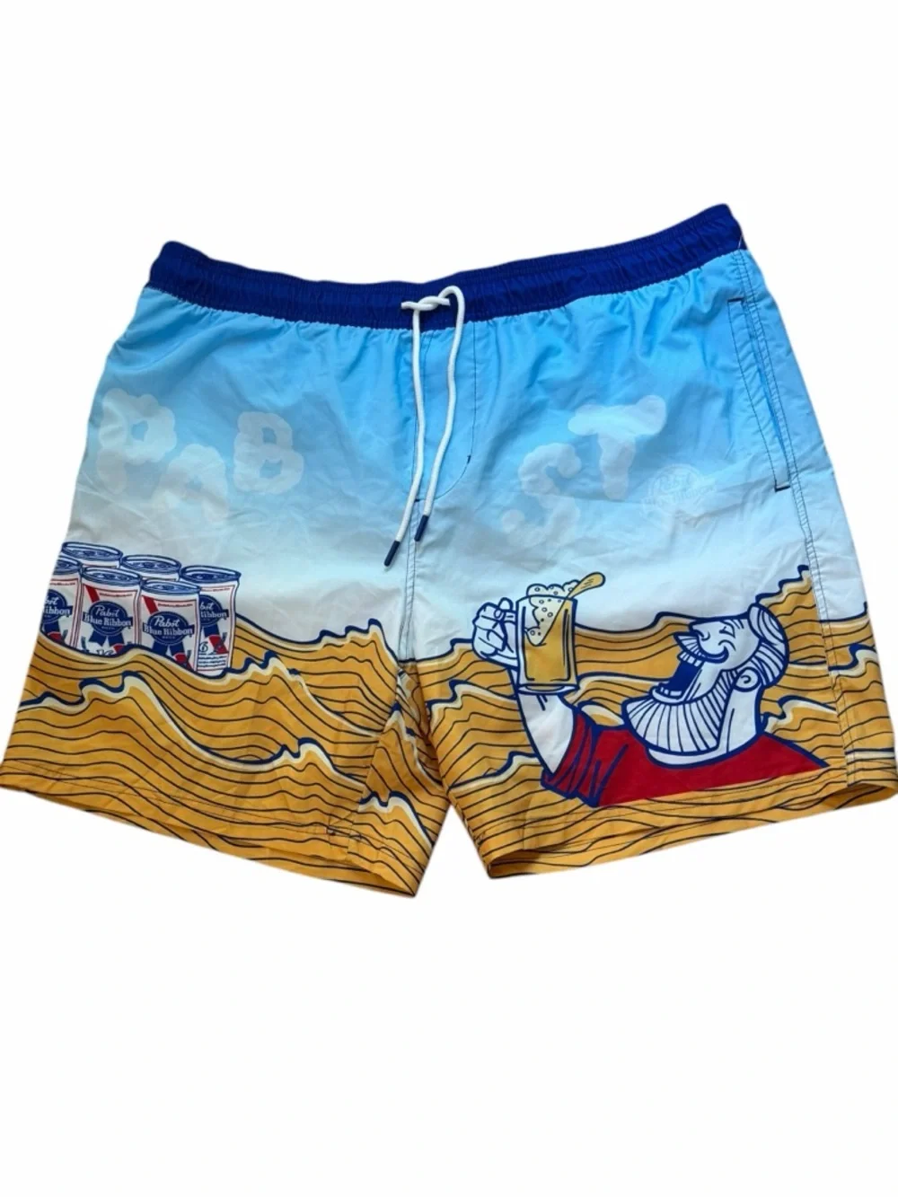 NWT 2XL Pabst Blue Ribbon Beer Light Blue & Yellow Graphic Swim Trunk